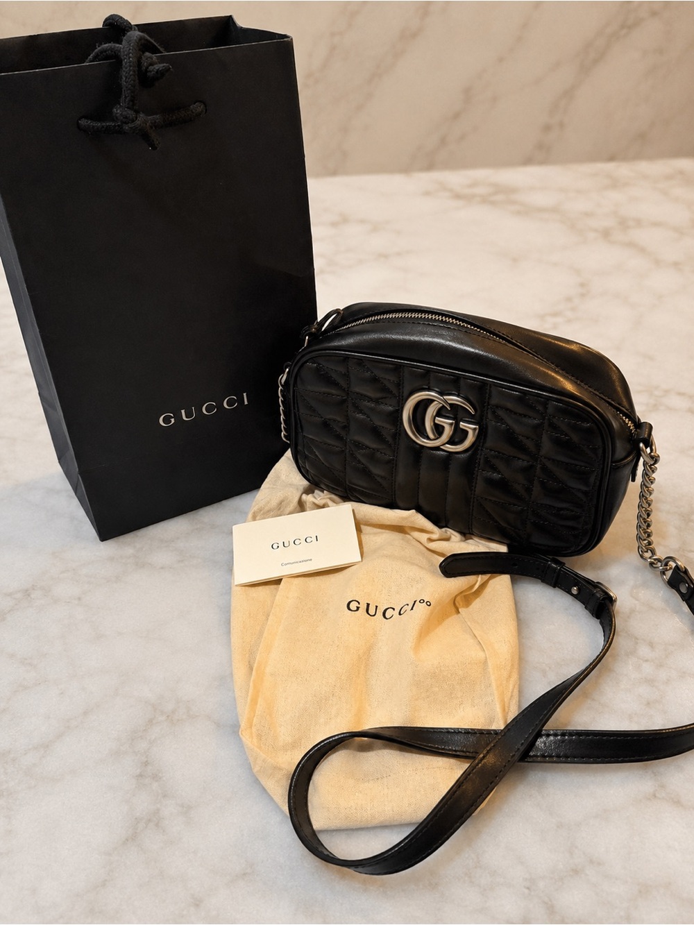 Gucci Black Marmont Crossbody Bag w/ Silver Hardware, Dust Bag & shopping bag